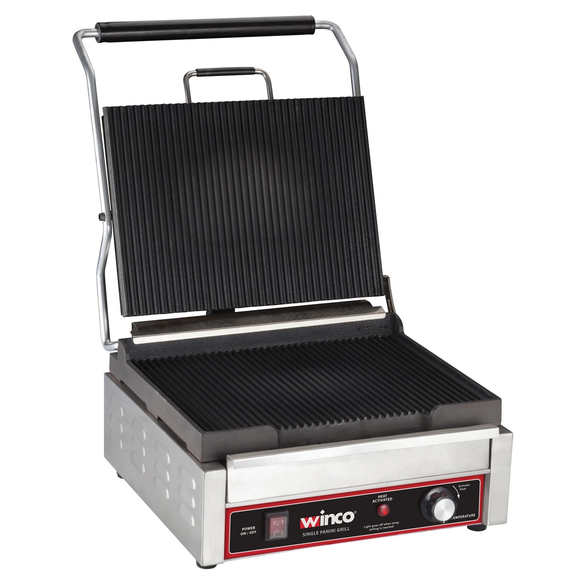 Winco EPG-1C single panini grill open showing ribbed cast iron top and bottom plates