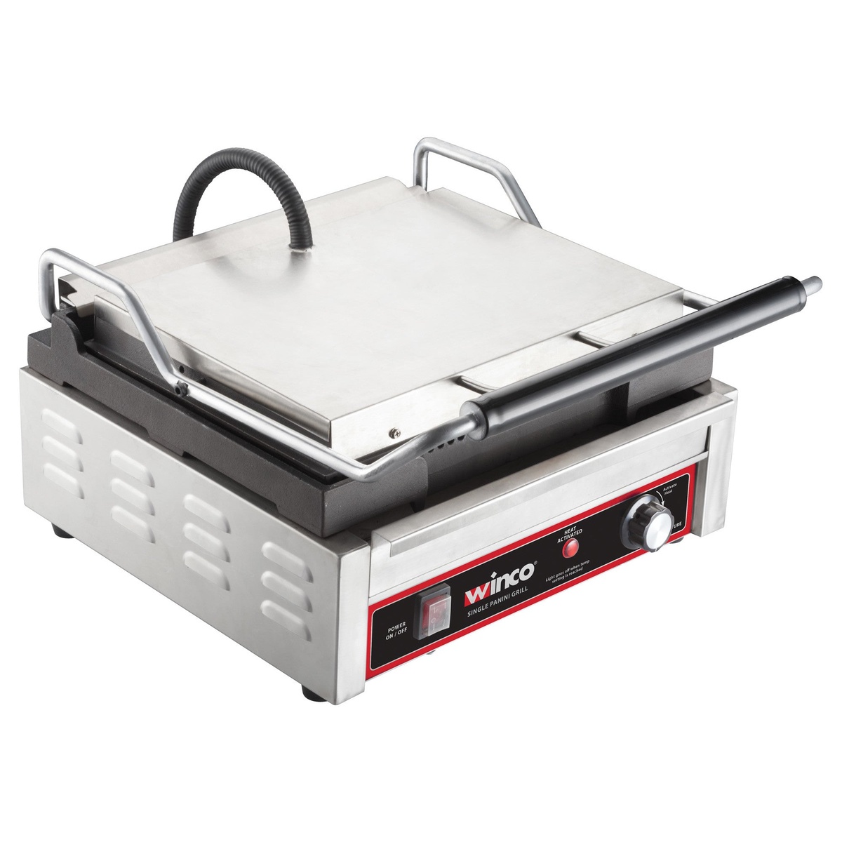 Winco EPG-1C single panini grill closed with handle down and front temperature control knob