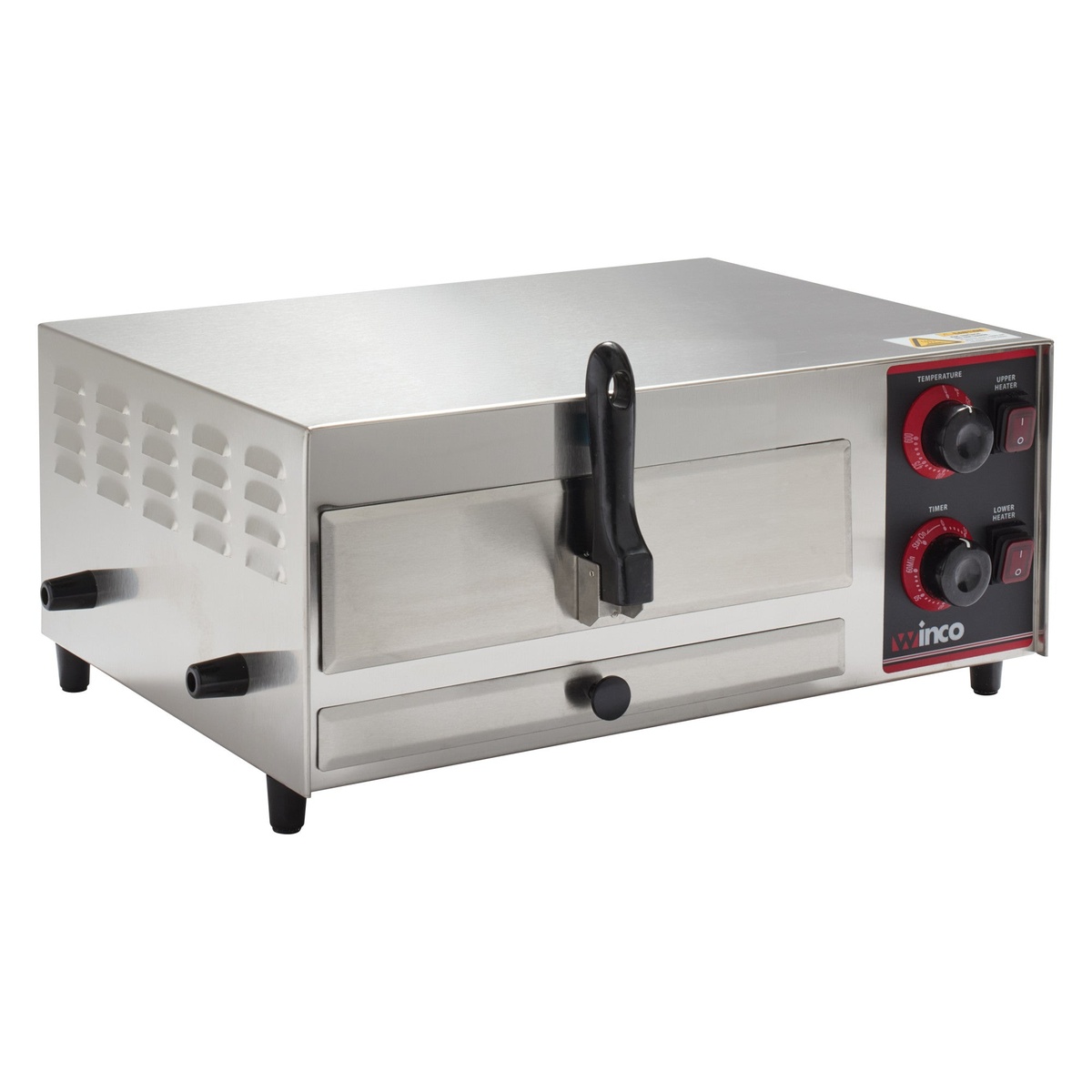 Winco EPO-1 pizza oven with front door open revealing the single deck cooking chamber