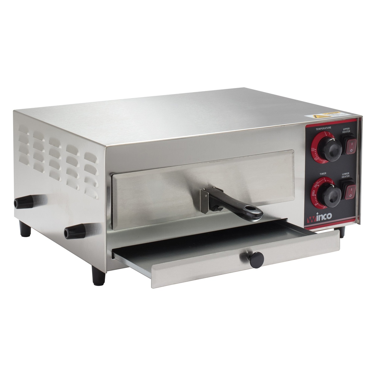 Winco EPO-1 pizza oven with crumb tray pulled out showing the easy-clean slide-out drawer