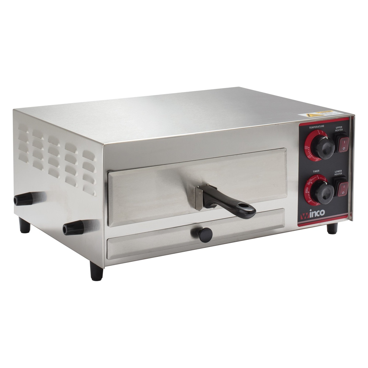 Winco EPO-1 electric countertop pizza oven front angle showing dial controls and folding handle