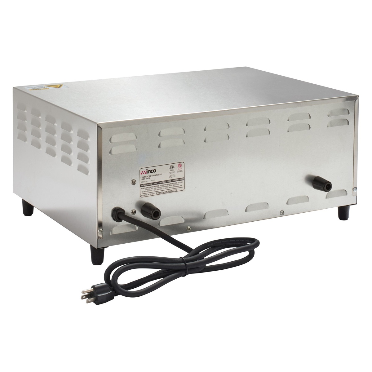 Winco EPO-1 pizza oven rear view showing ventilation panel, power cord, and spec label