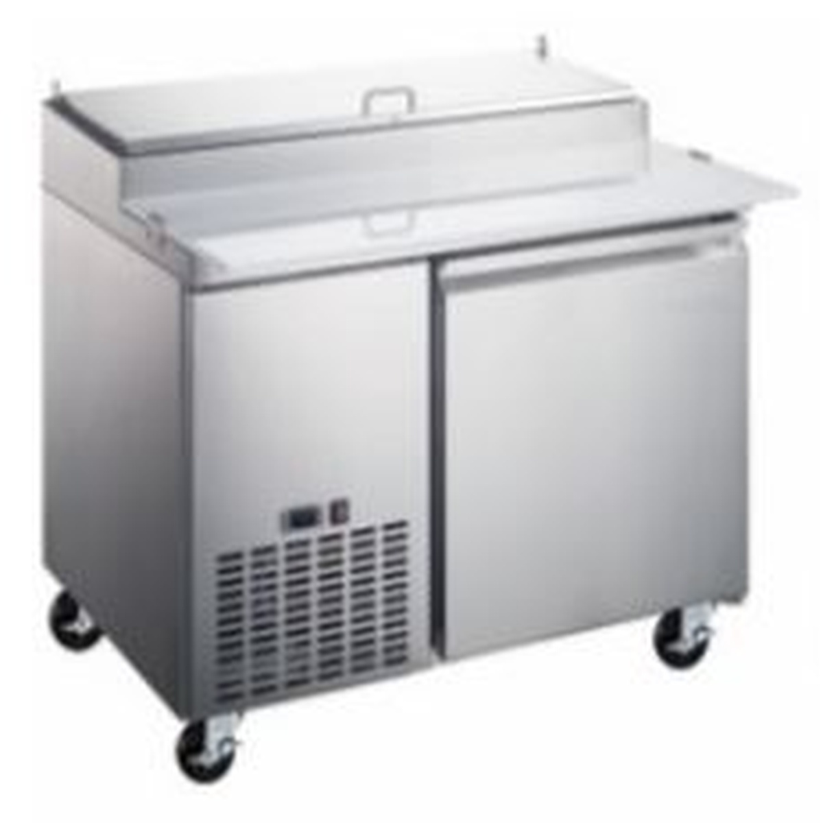 Enhanced Refrigeration EPP-50-HC 50-inch stainless steel pizza prep table with two doors, top ingredient pan rail, hinged lid, and casters