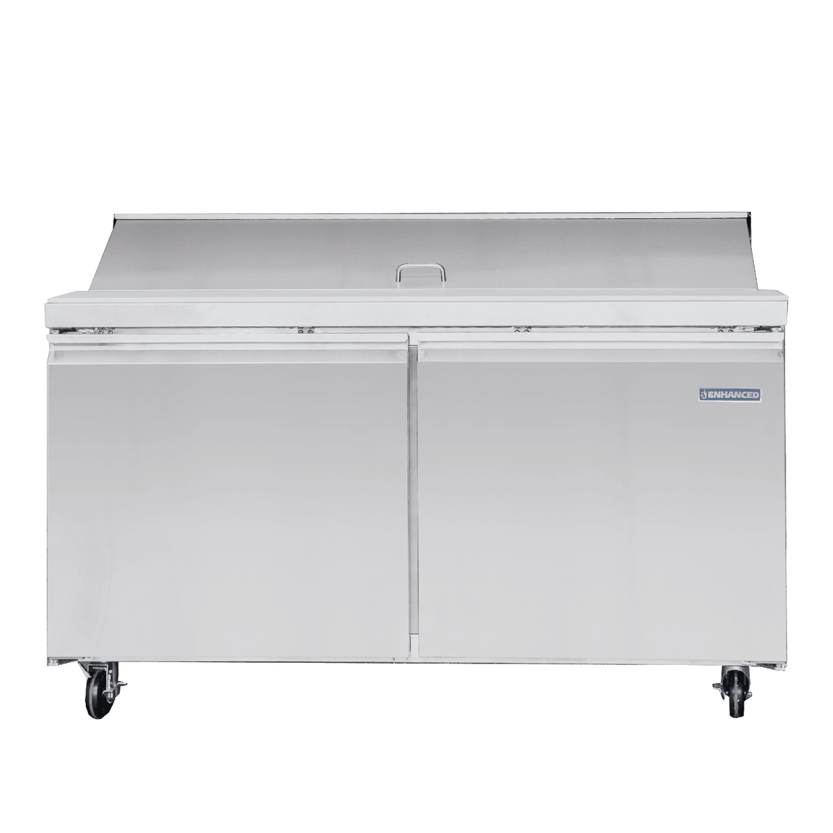 Enhanced EPP-60-HC pizza prep table front view with lid closed showing two solid stainless steel doors and heavy-duty casters