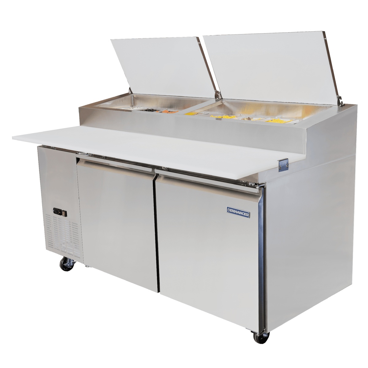 Enhanced Refrigeration EPP-67-HC 67-inch pizza prep table angled view with hinged lids open showing ingredient pans
