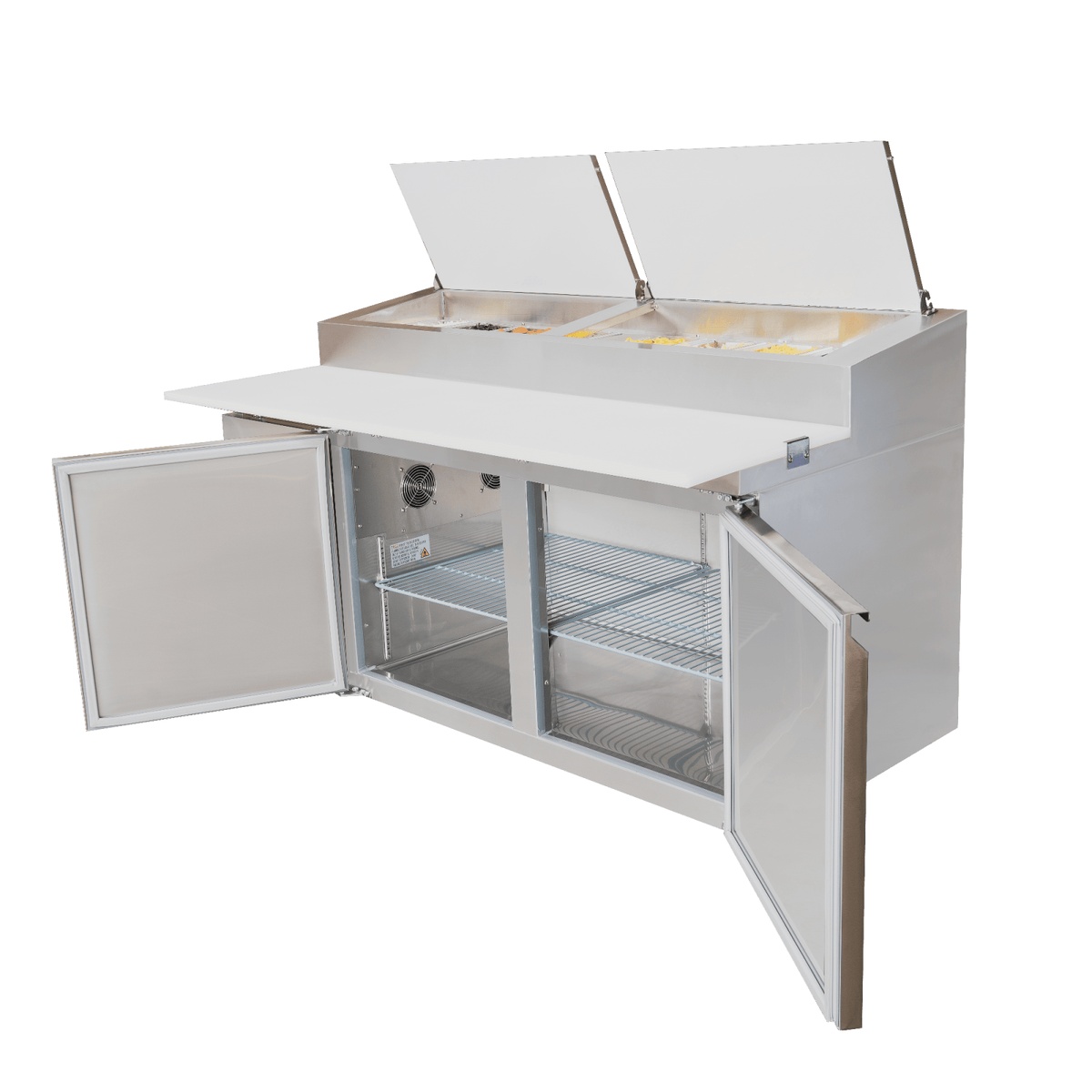 Enhanced Refrigeration EPP-67-HC pizza prep table with both doors open revealing interior wire shelving and refrigeration fan