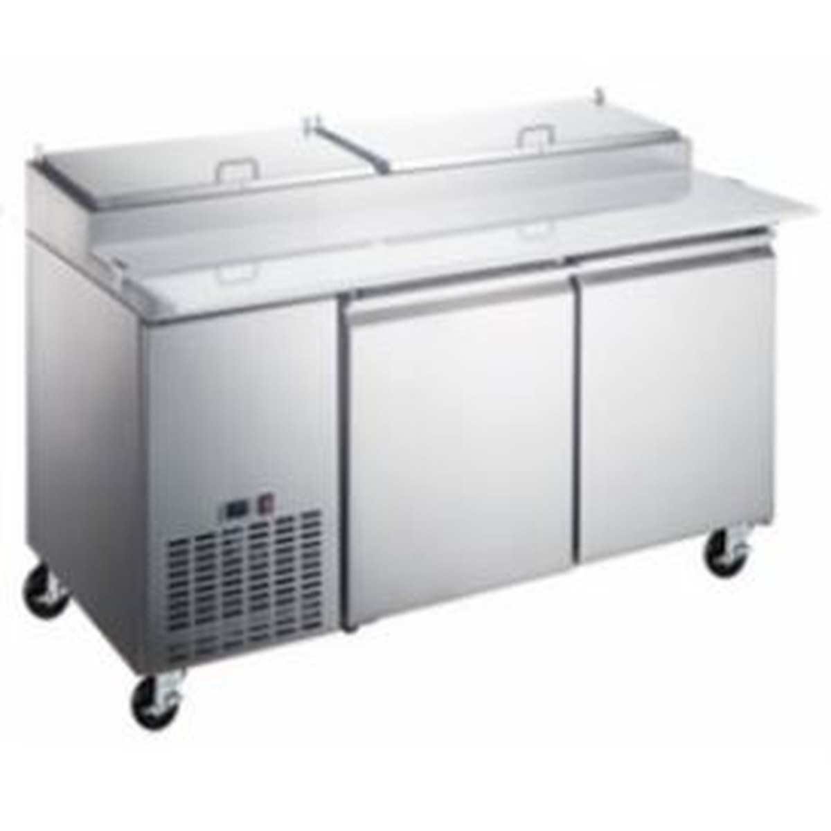 EPP-70-HC Enhanced 70-inch stainless steel pizza prep table with two solid doors, casters, and refrigerated top pan compartments