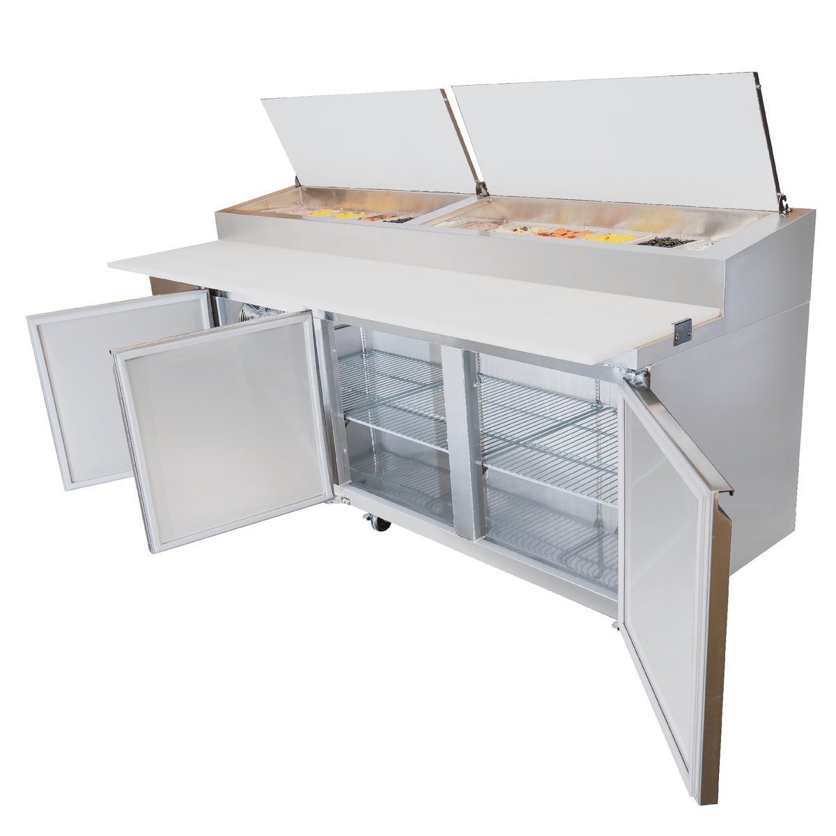 Enhanced EPP-92-HC pizza prep table with all three doors open showing interior wire shelving