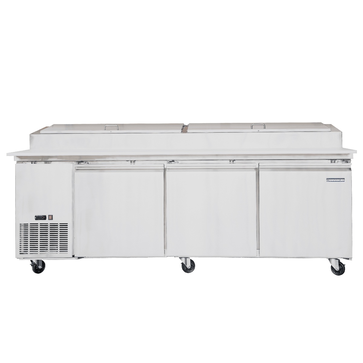 Enhanced EPP-92-HC 93-inch pizza prep table front view with lids closed on heavy-duty casters