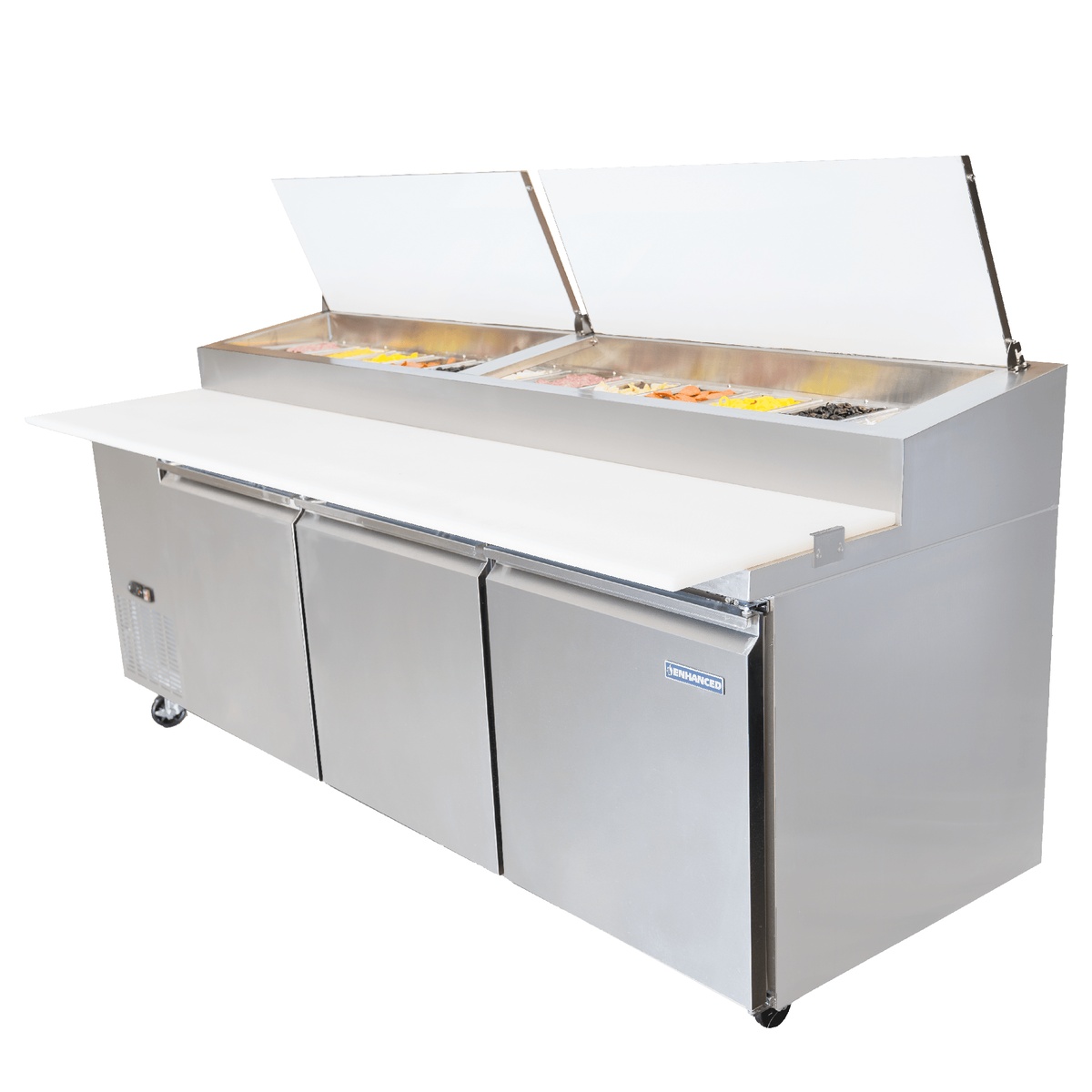 Enhanced EPP-92-HC 93-inch pizza prep table angled view with hinged lids open showing ingredient pans