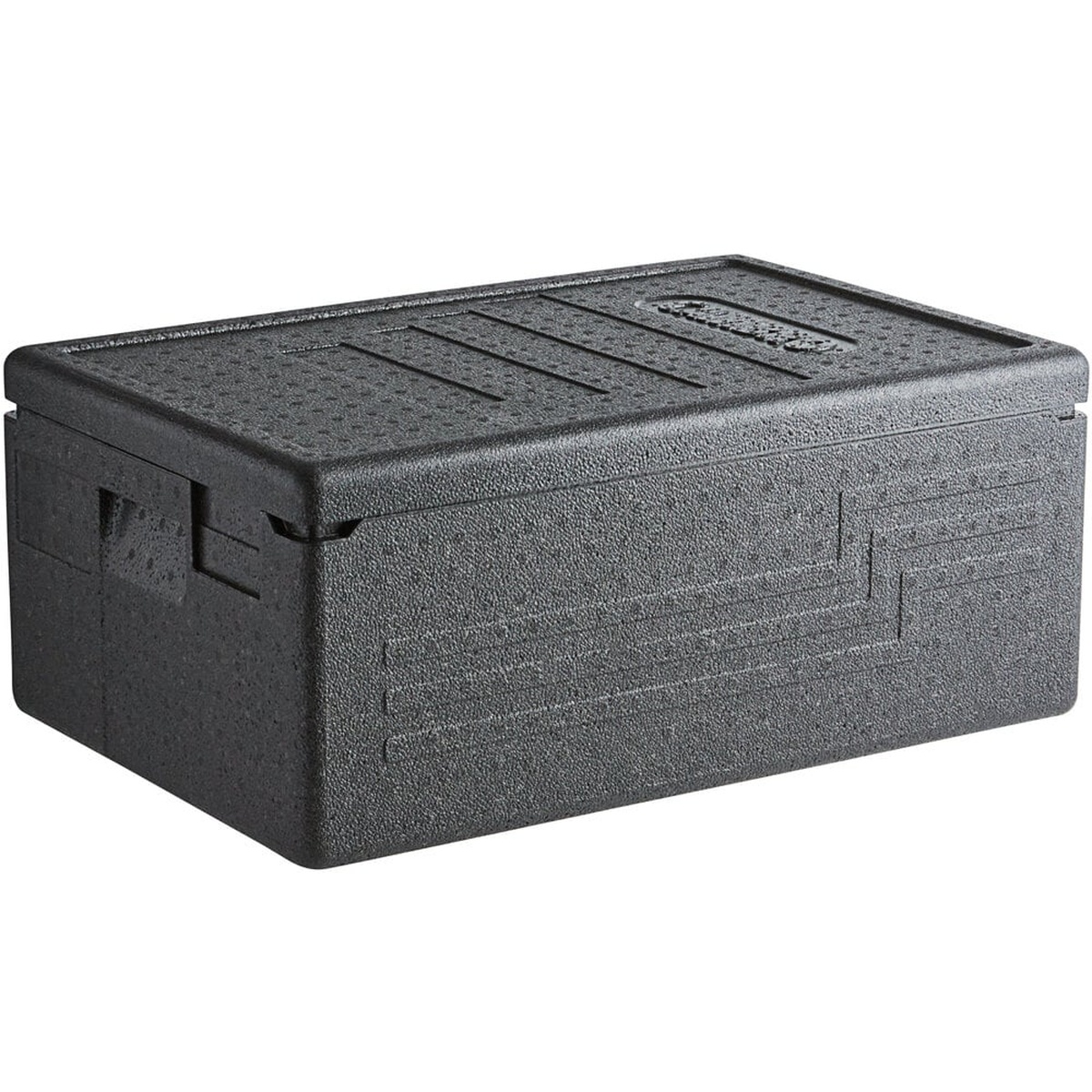 Cambro EPP160SW110 Cam GoBox black insulated food pan carrier with lid closed, three-quarter view