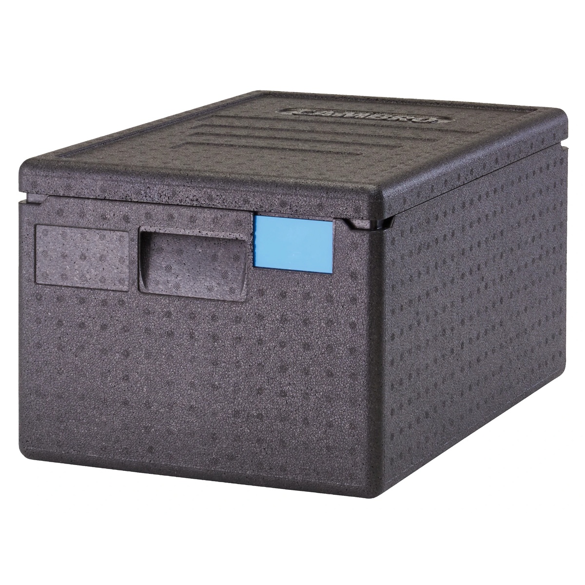Cambro EPP180110 black Cam GoBox insulated food pan carrier with molded handles and blue label tab, top-load design