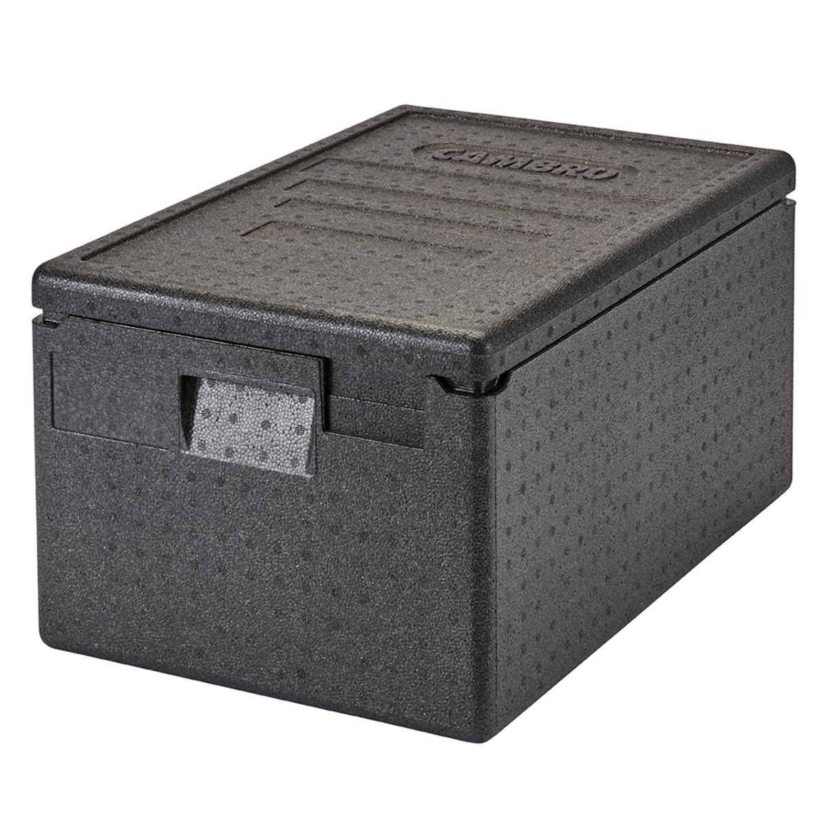 Cambro black EPP GoBox insulated food carrier with lid secured on top, showing latch and handle detail
