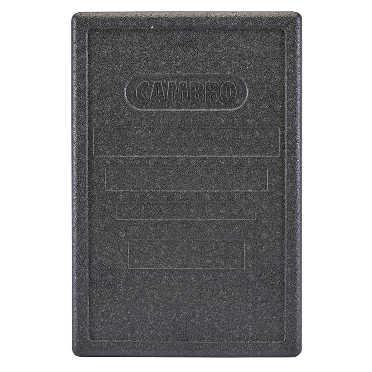 Cambro EPP180LID110 black GoBox lid, top view showing Cambro logo and label slots on textured surface