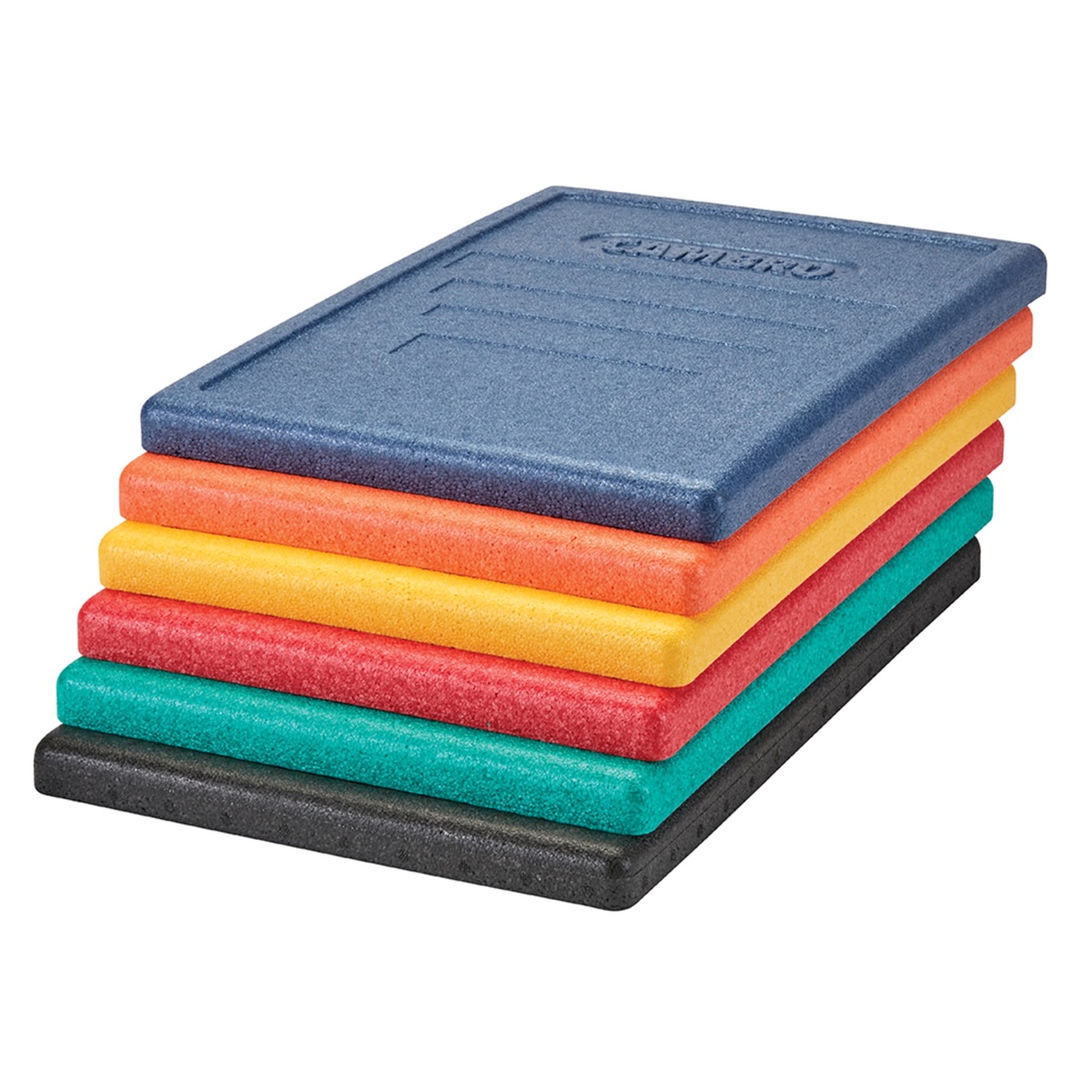 Stack of Cambro GoBox lids in multiple colors including blue, orange, yellow, red, teal, and black