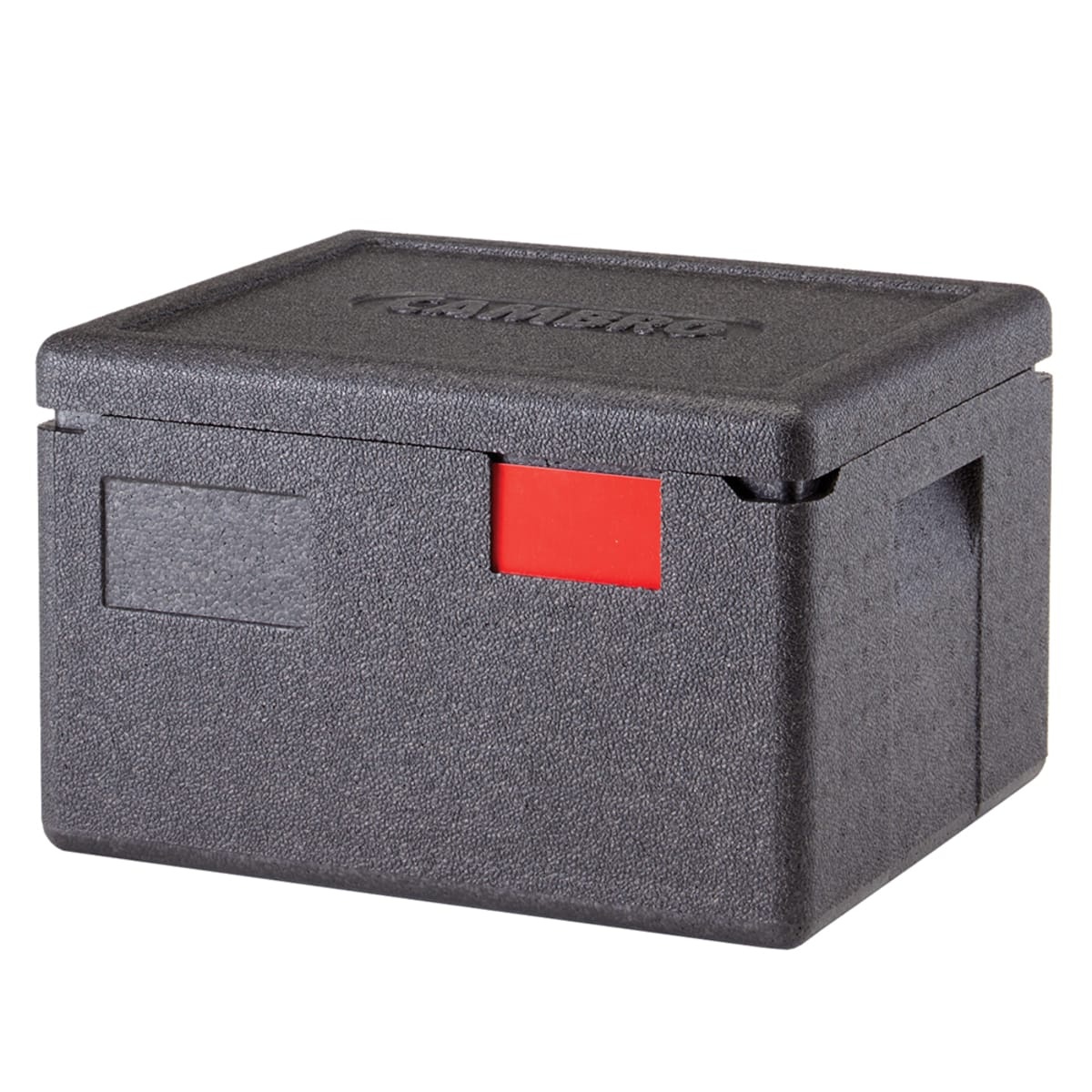 Cambro EPP260SW110 black top-loading insulated food pan carrier with molded side handles and red label slot