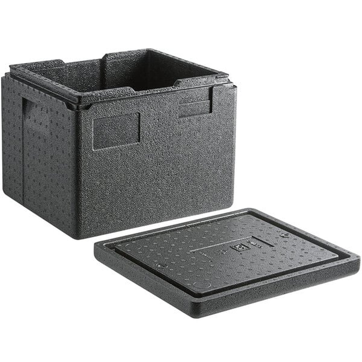 Cambro Cam GoBox open with lid placed beside the carrier body, showing interior wall recesses