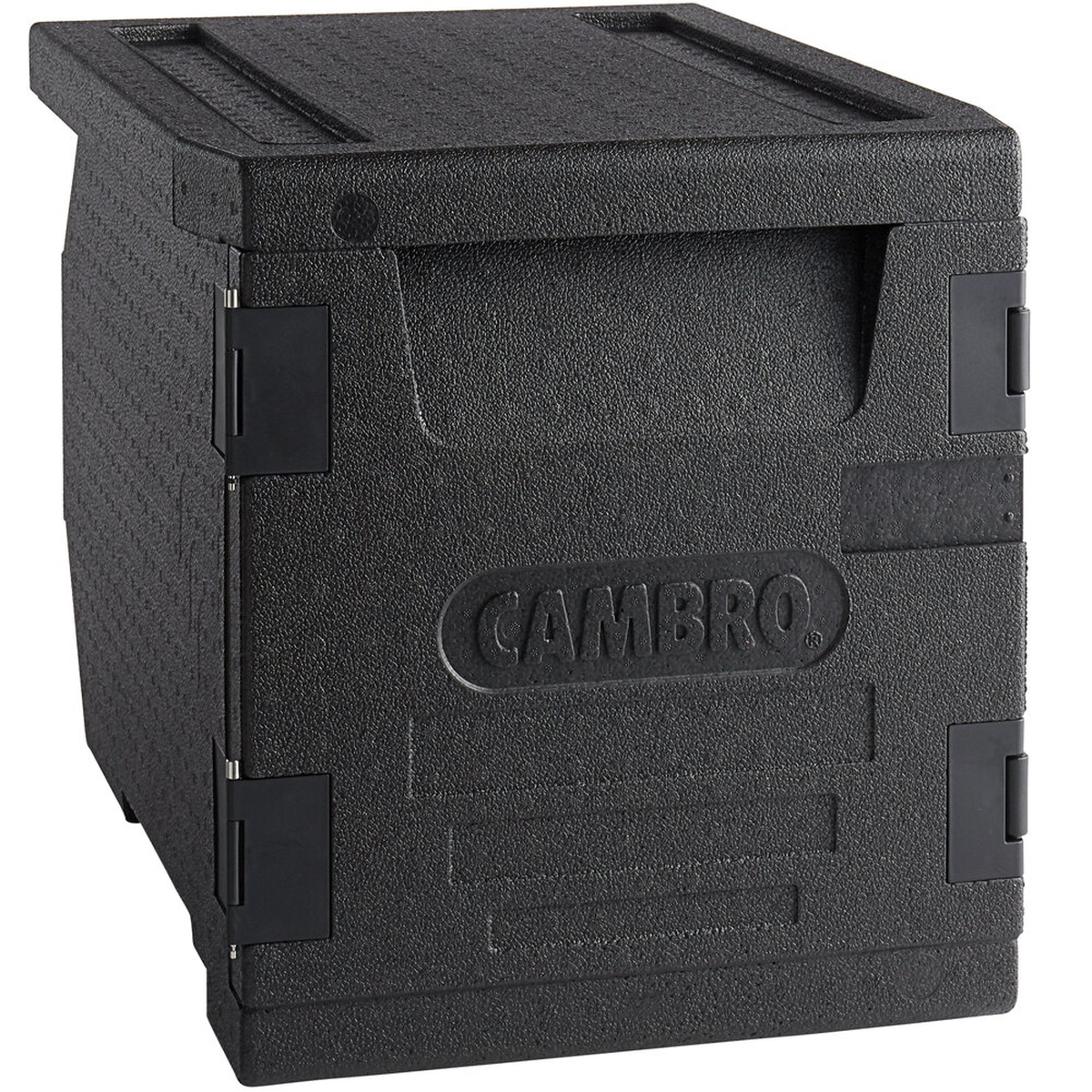 Cambro Cam GoBox black front-loading insulated food pan carrier, closed, showing molded handle and latching door