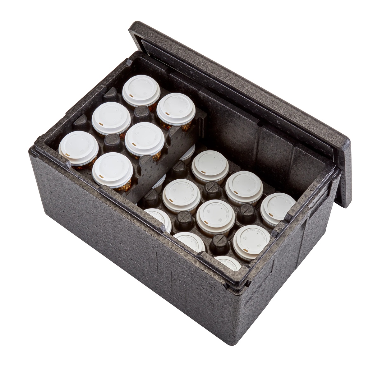 Cambro Cam GoBox open on white background with beverage holders holding hot coffee cups with white lids