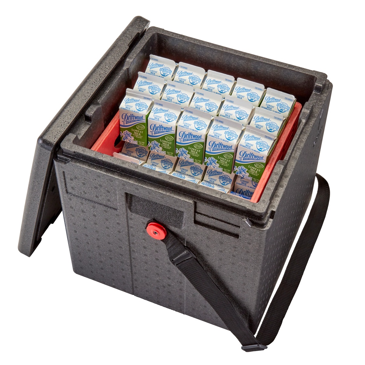 Open Cambro Cam GoBox insulated milk crate carrier holding half pint milk cartons