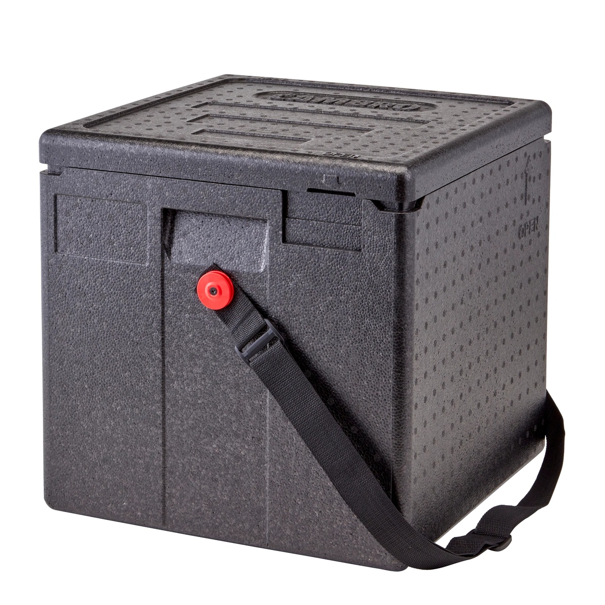 Closed black Cambro Cam GoBox insulated milk crate carrier with adjustable strap