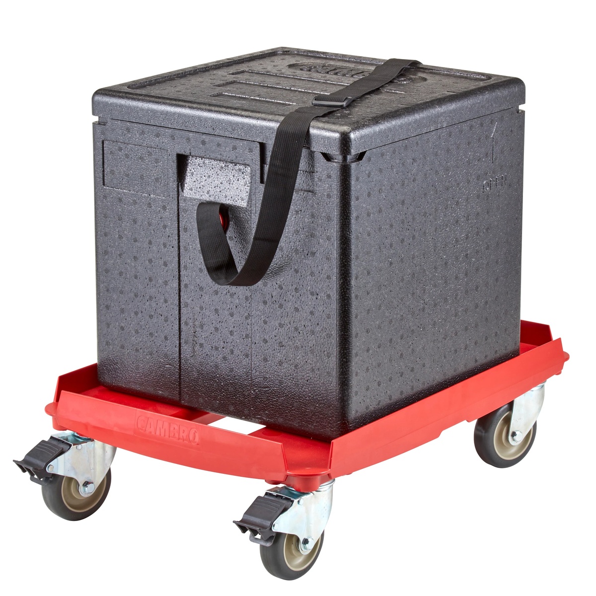 Cambro Cam GoBox insulated milk crate carrier strapped on a rolling dolly