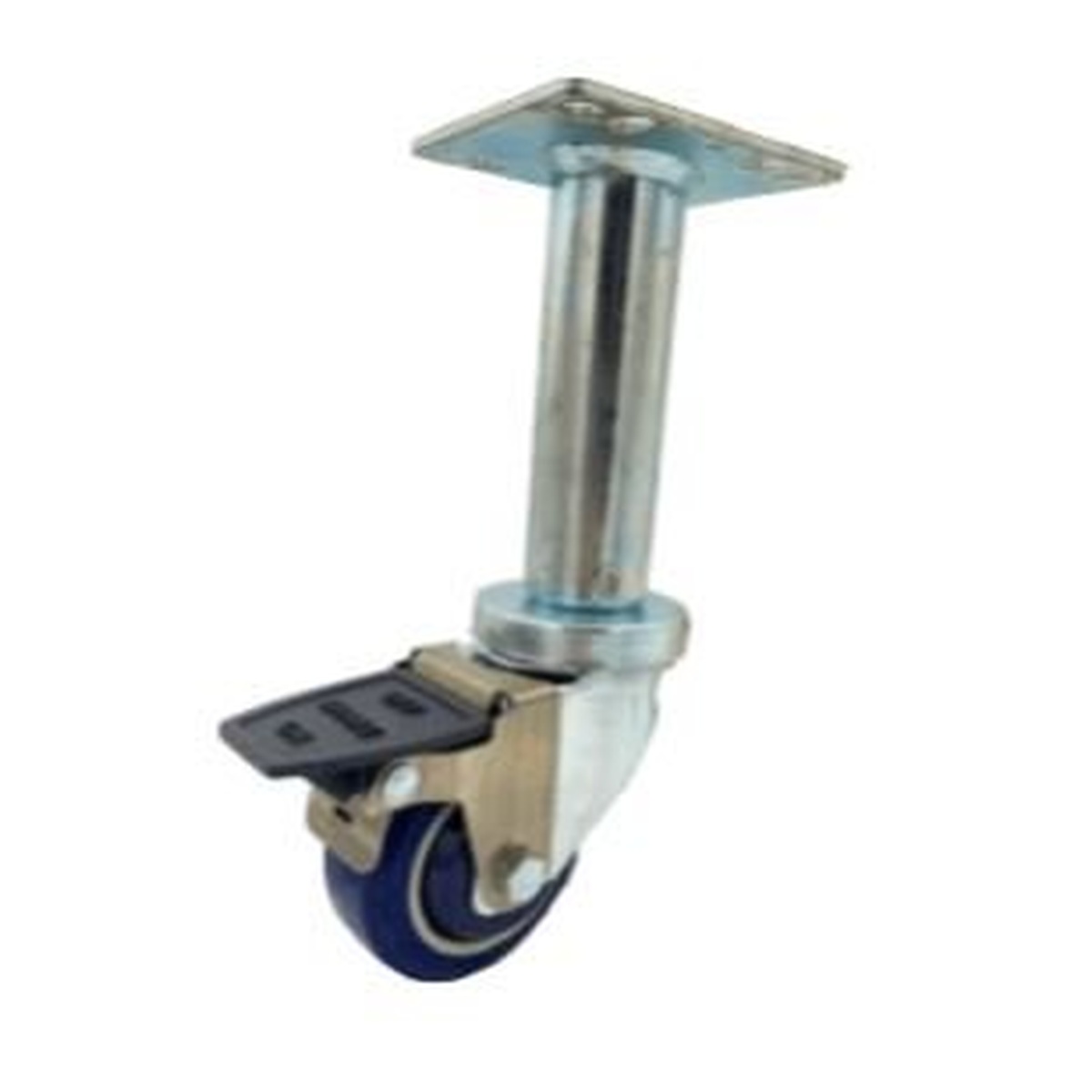 Enhanced 3.5 inch fryer caster with blue wheel, brake pedal, threaded stem, and mounting plate