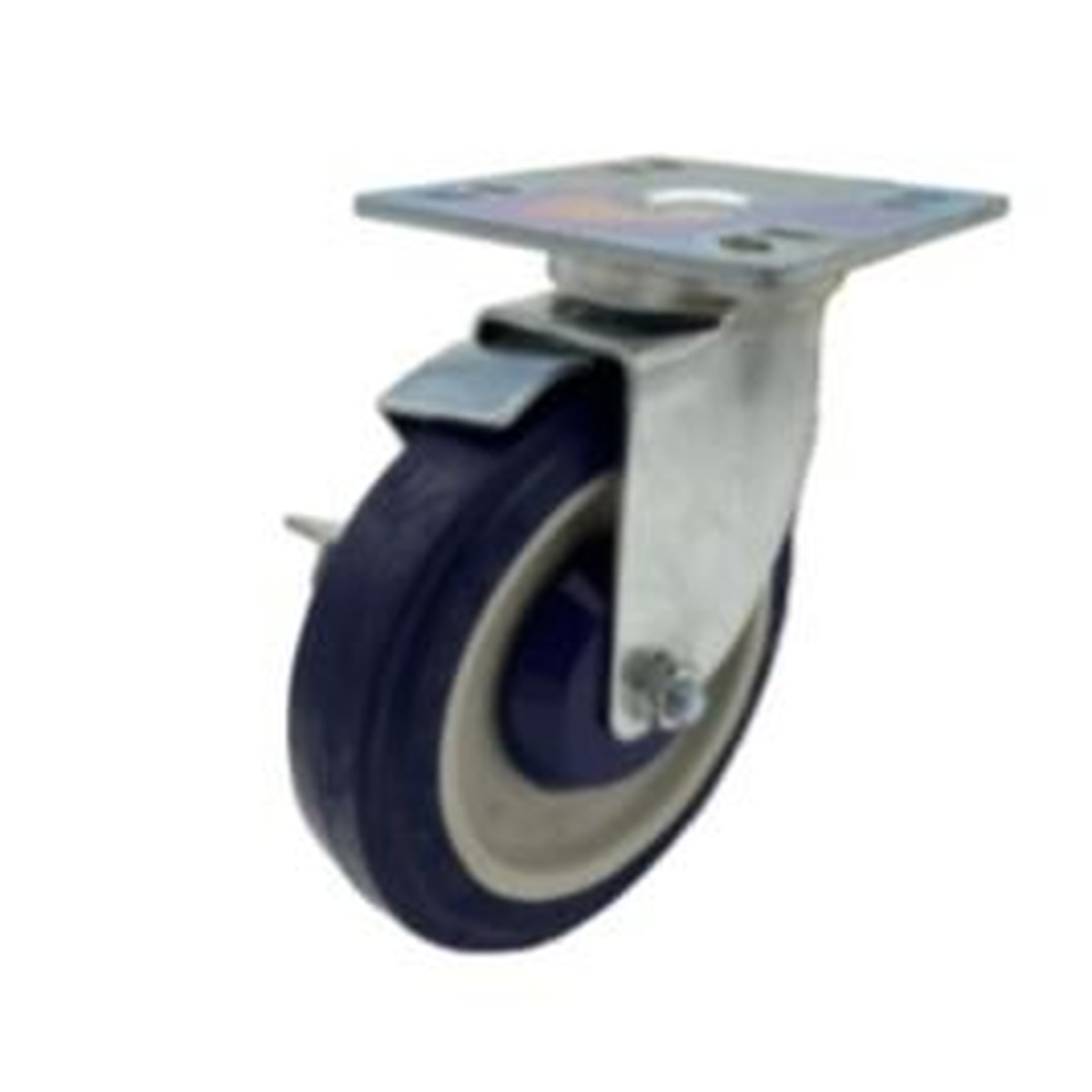 5-inch swivel caster with blue rubber wheel, metal fork, top mounting plate, and locking brake mechanism