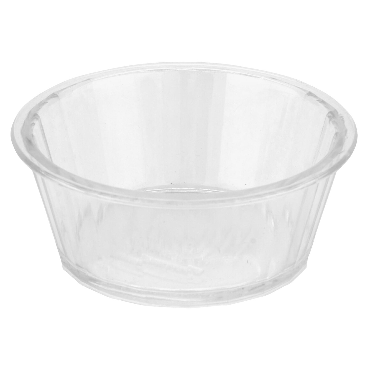 G.E.T. Enterprises ER-020-CL clear fluted SAN plastic ramekin, angled view showing fluted sides and rolled rim