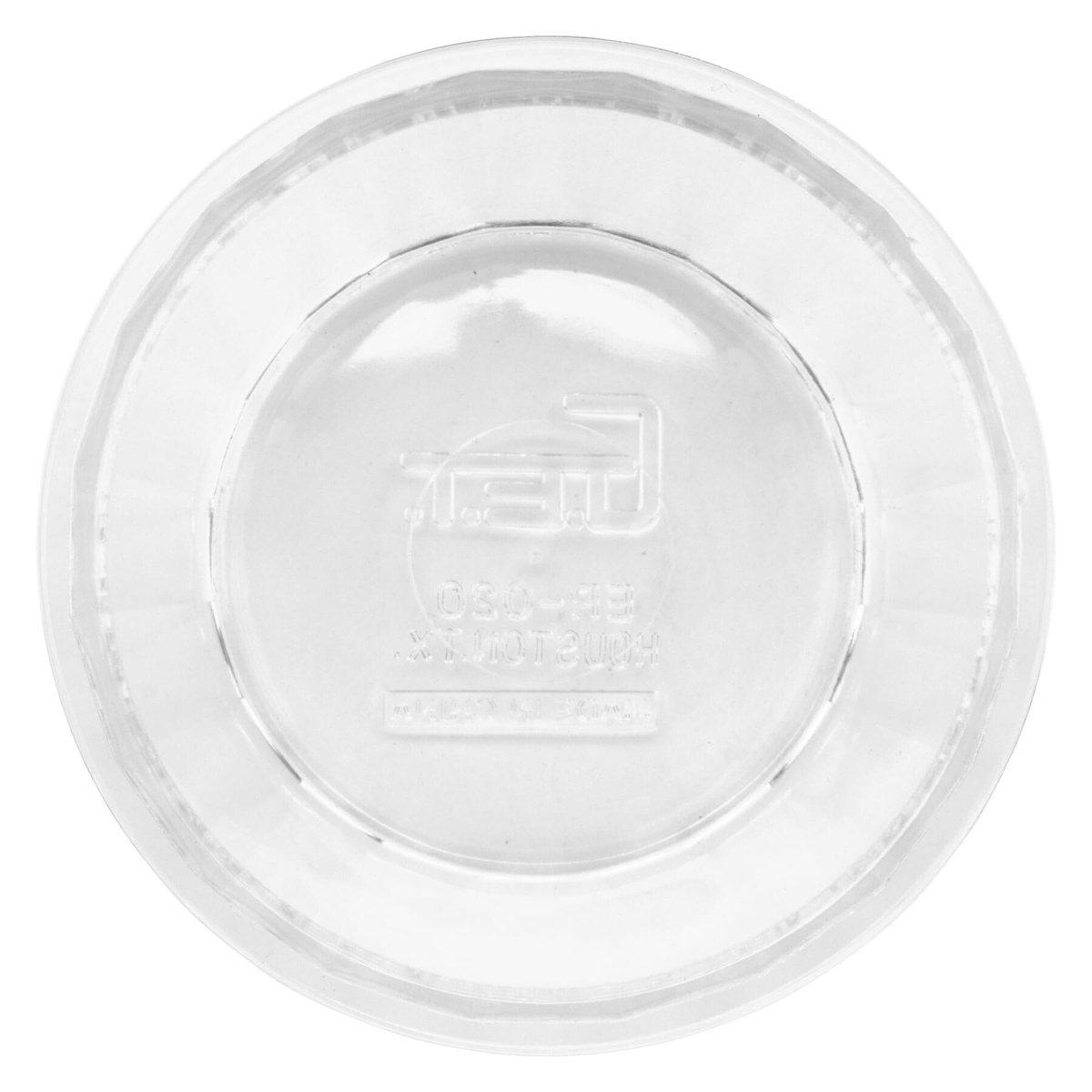 G.E.T. Enterprises ER-020-CL clear fluted ramekin, bottom view showing SAN recycling symbol and model number embossed on base