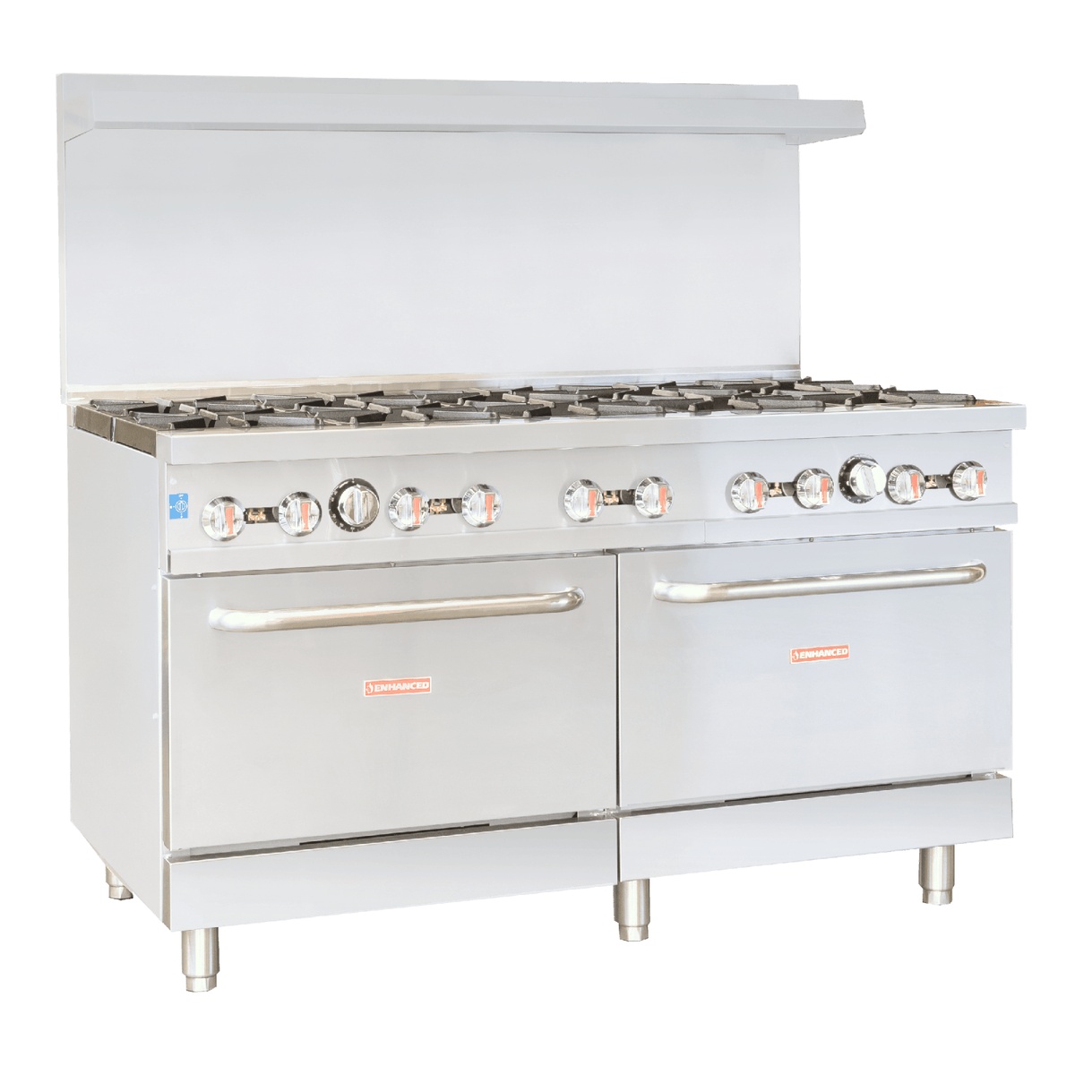 Enhanced ER-10 60-inch gas range angled view showing 10 open burners and two oven doors with stainless steel backguard and shelf
