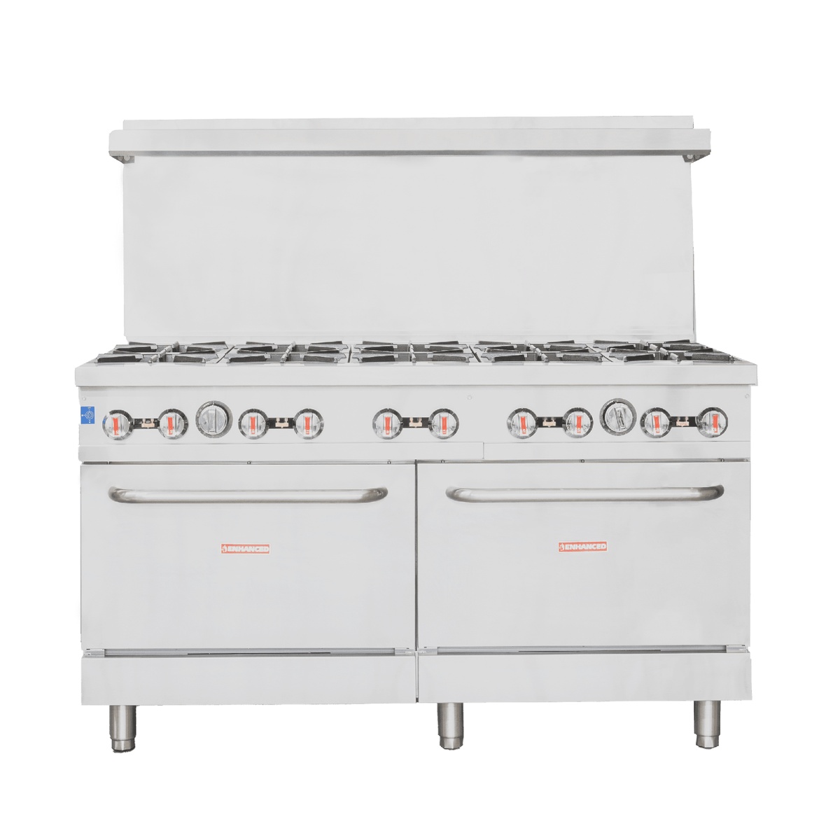 Enhanced ER-10 60-inch gas range straight front view showing two oven doors with Enhanced branding and ten control knobs