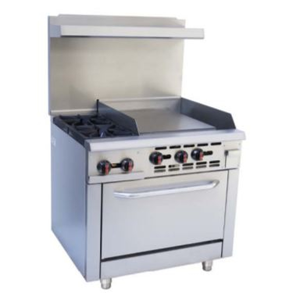Enhanced ER-2-24G 36-inch commercial gas range with 2 open burners on the left, 24-inch flat top grill on the right, and oven below