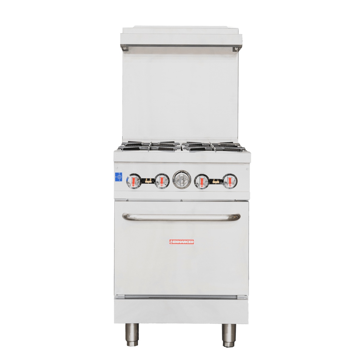 Enhanced Gas Equipment ER-4 gas range front view showing four burners, five control knobs, oven door, and stainless steel legs