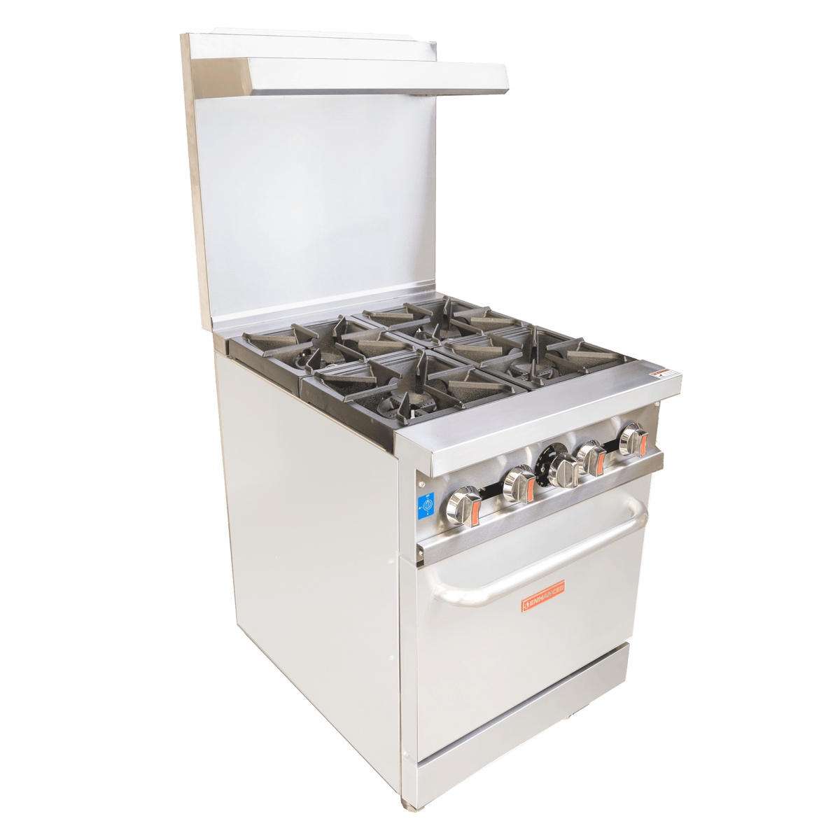 Enhanced Gas Equipment ER-4 24-inch 4-burner gas range with oven, angled view showing burner grates and control knobs
