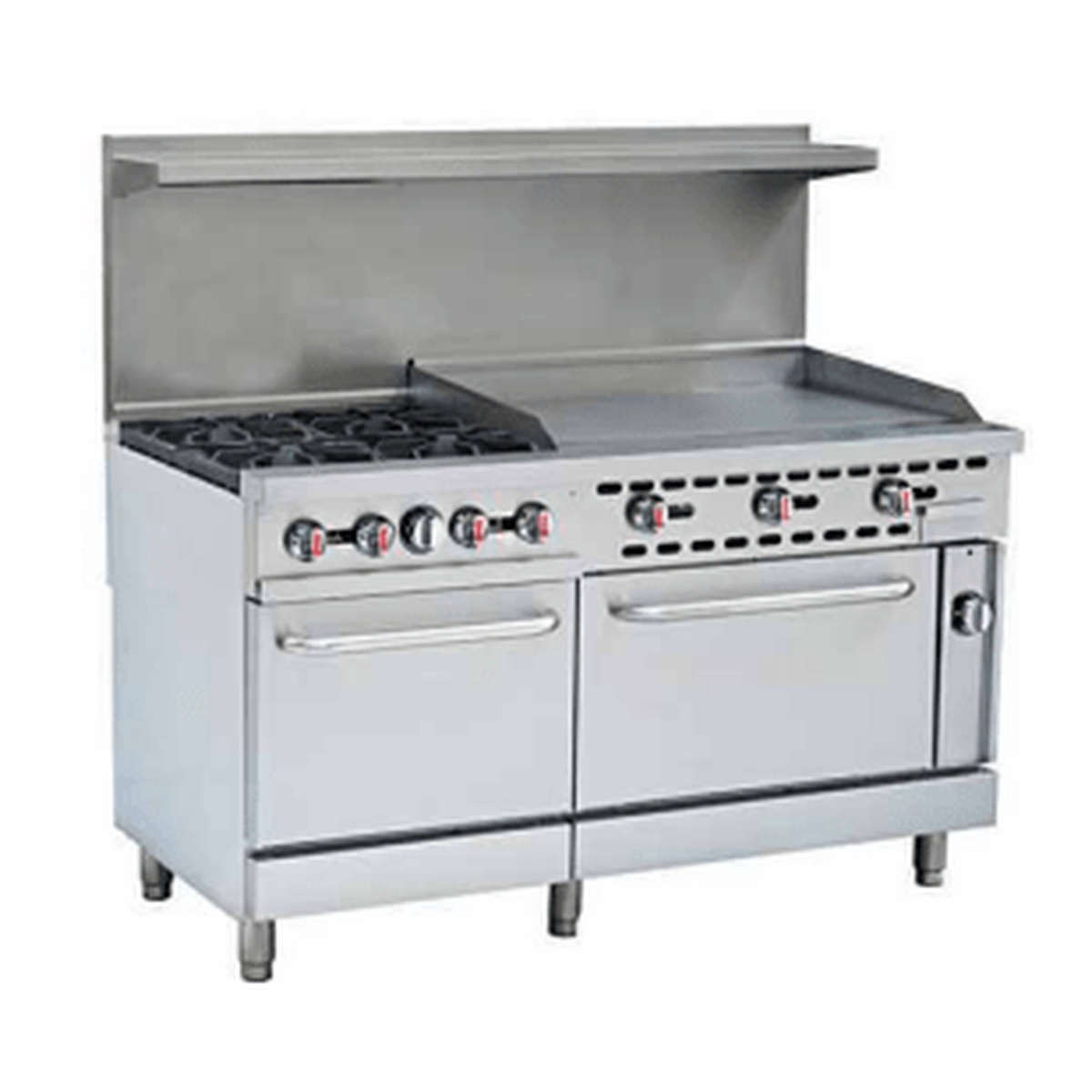 ER-4-G36 Enhanced 60-inch stainless steel commercial gas range with 4 open burners, 36-inch griddle, and two oven compartments