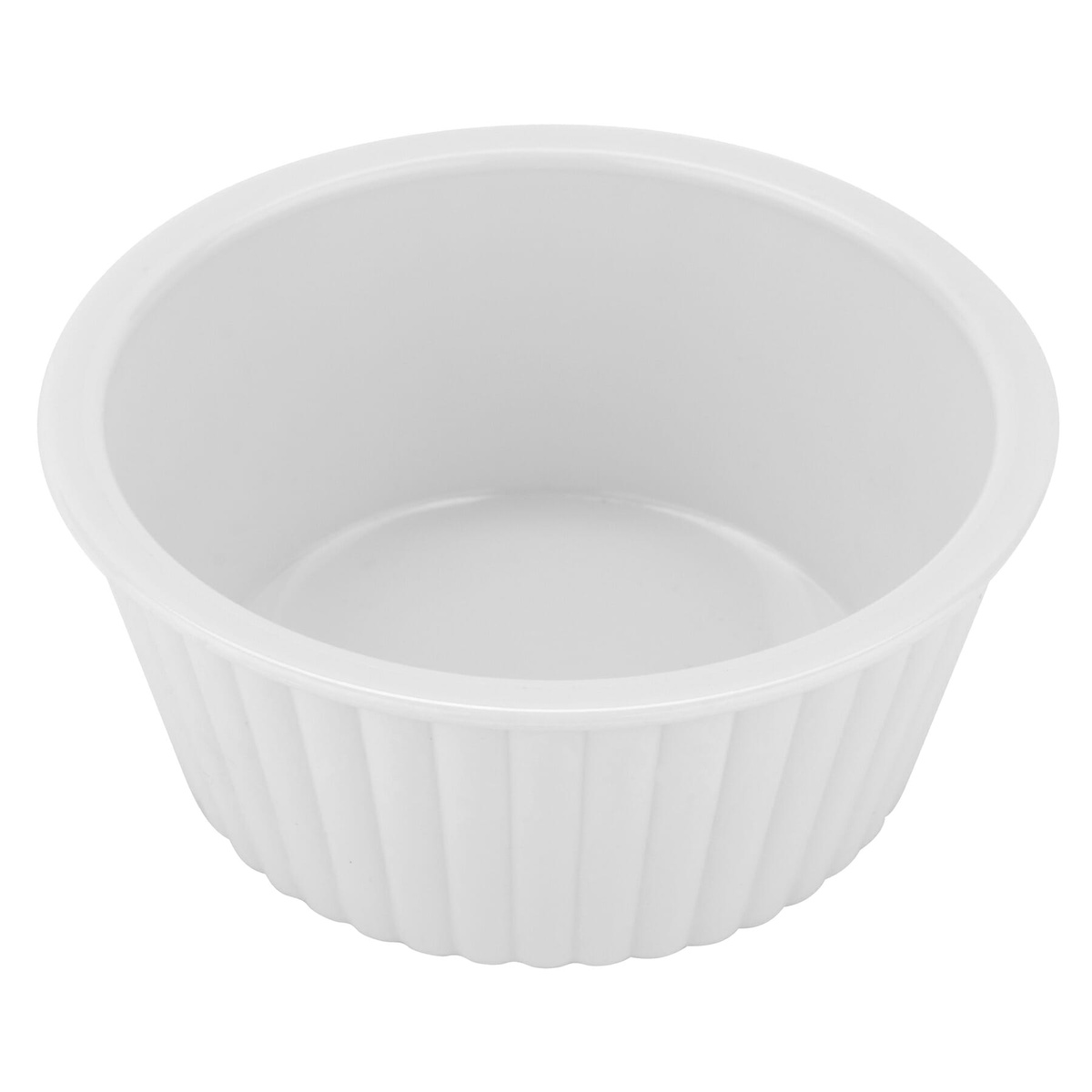 White fluted ramekin angled top-down view showing interior and fluted sides