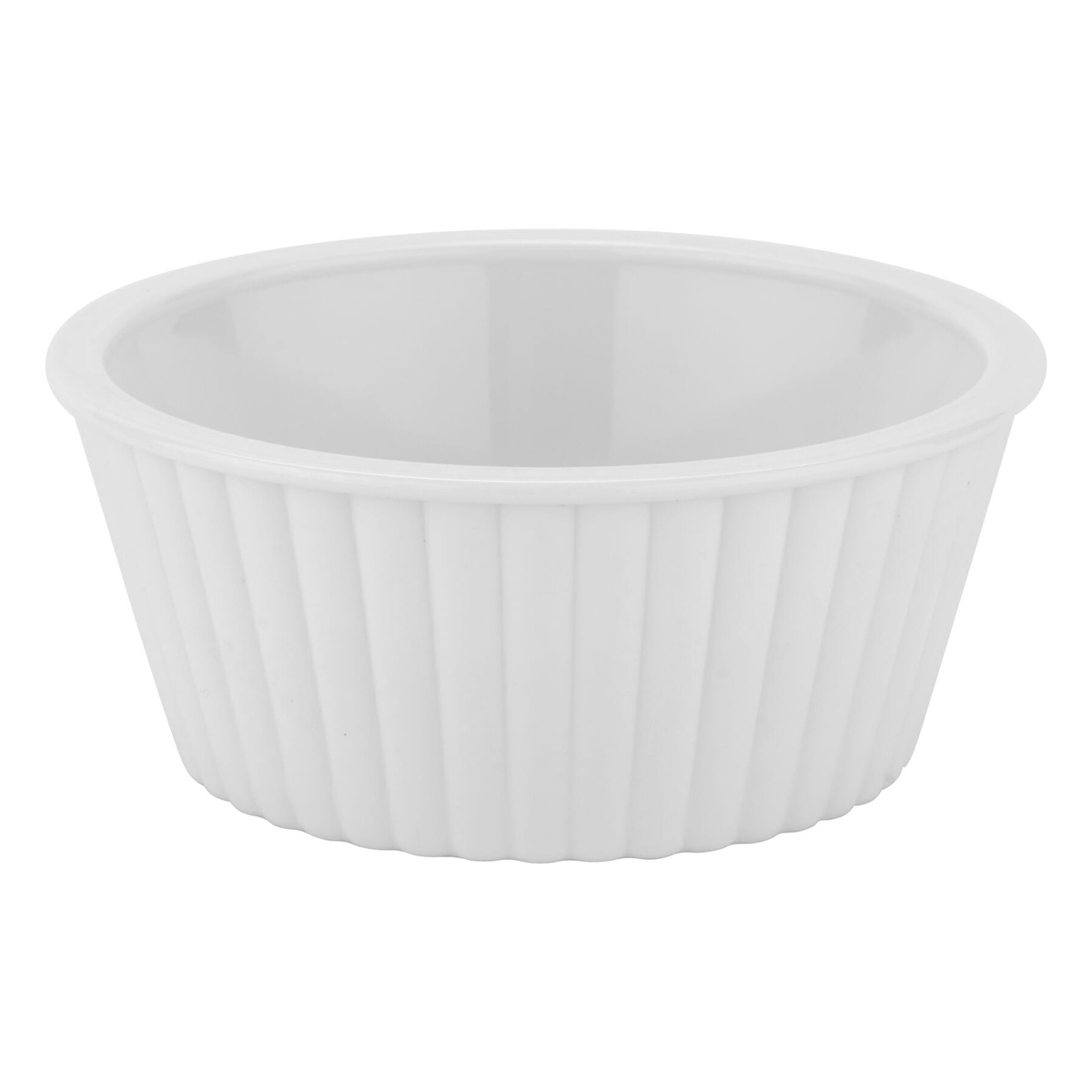 White fluted ramekin side profile view showing vertical ridges and depth