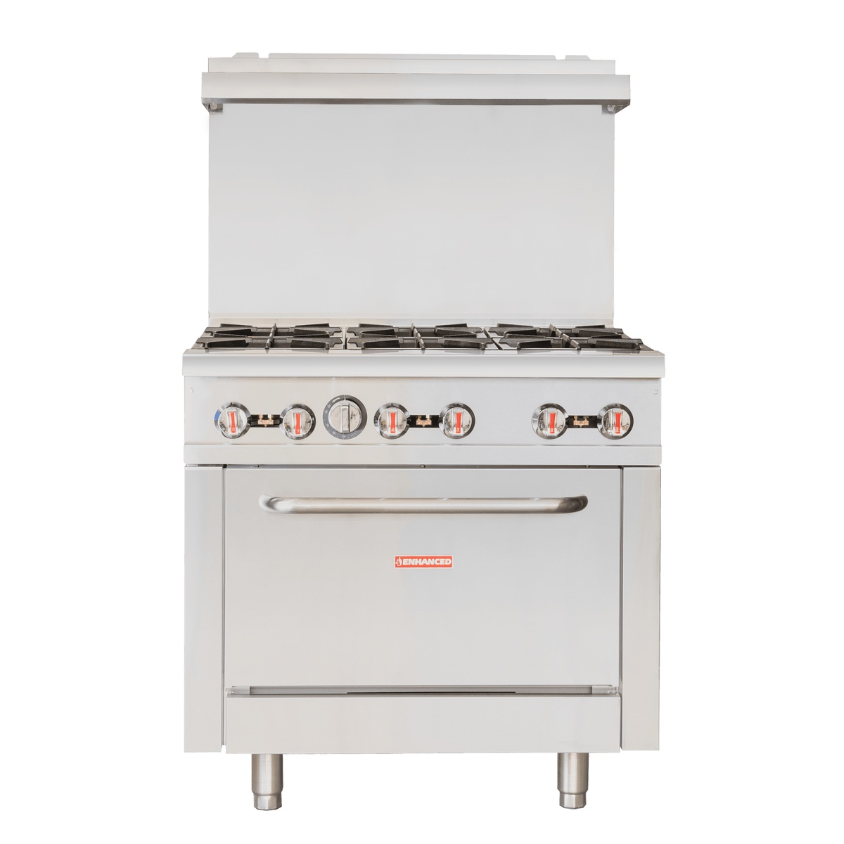 Enhanced ER-6 36-inch 6-burner gas range with oven, straight front view showing control knobs and oven door