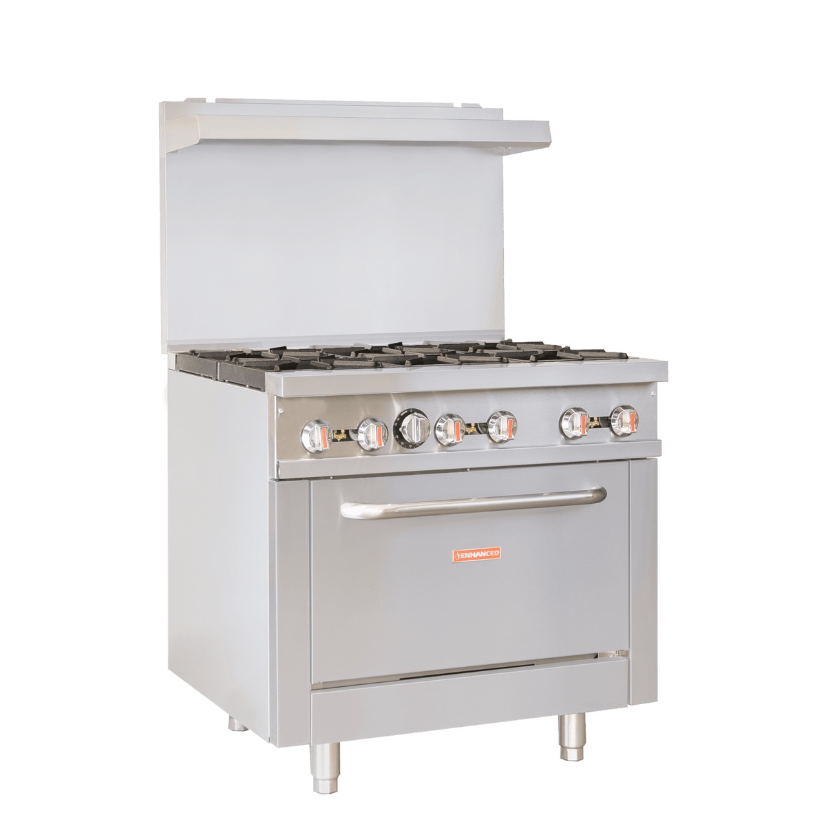 Enhanced ER-6 36-inch 6-burner gas range with oven, angled view showing cast iron grates and stainless steel front