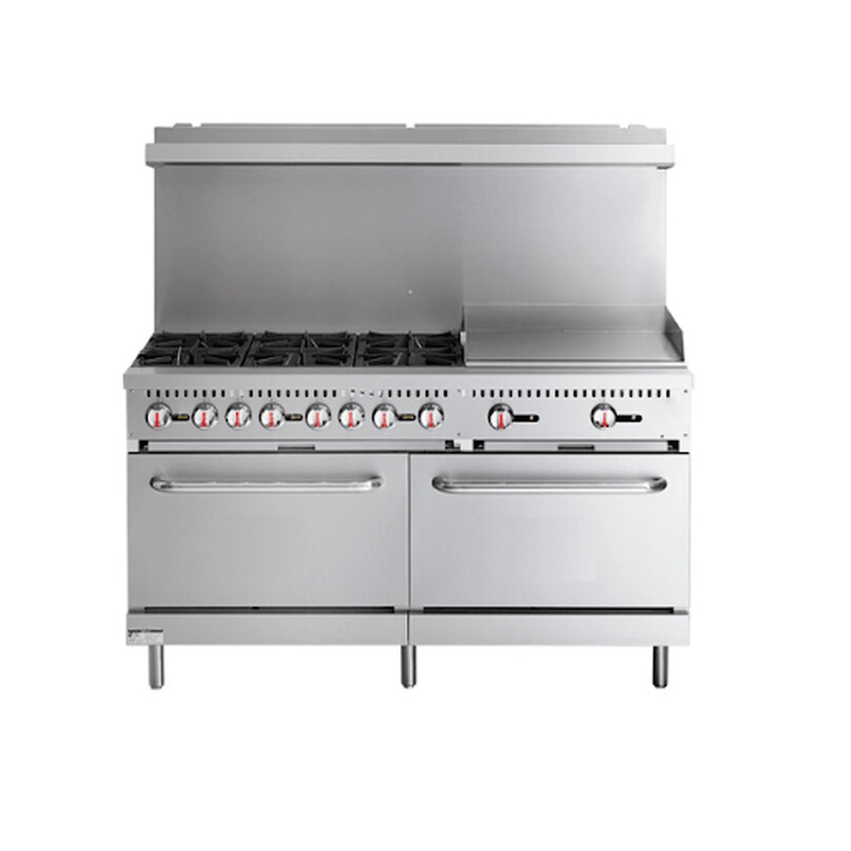 Enhanced ER-6-24G 60-inch commercial gas range with 6 open burners, 24-inch grill, and 2 stainless steel ovens
