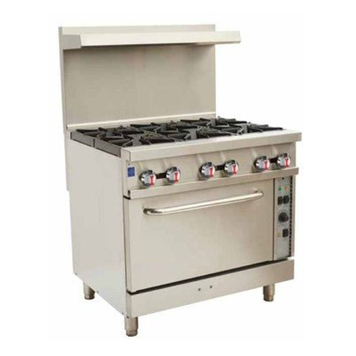 ER-6-C Enhanced 6-burner natural gas range with convection oven, stainless steel front, front-facing knobs, and adjustable legs