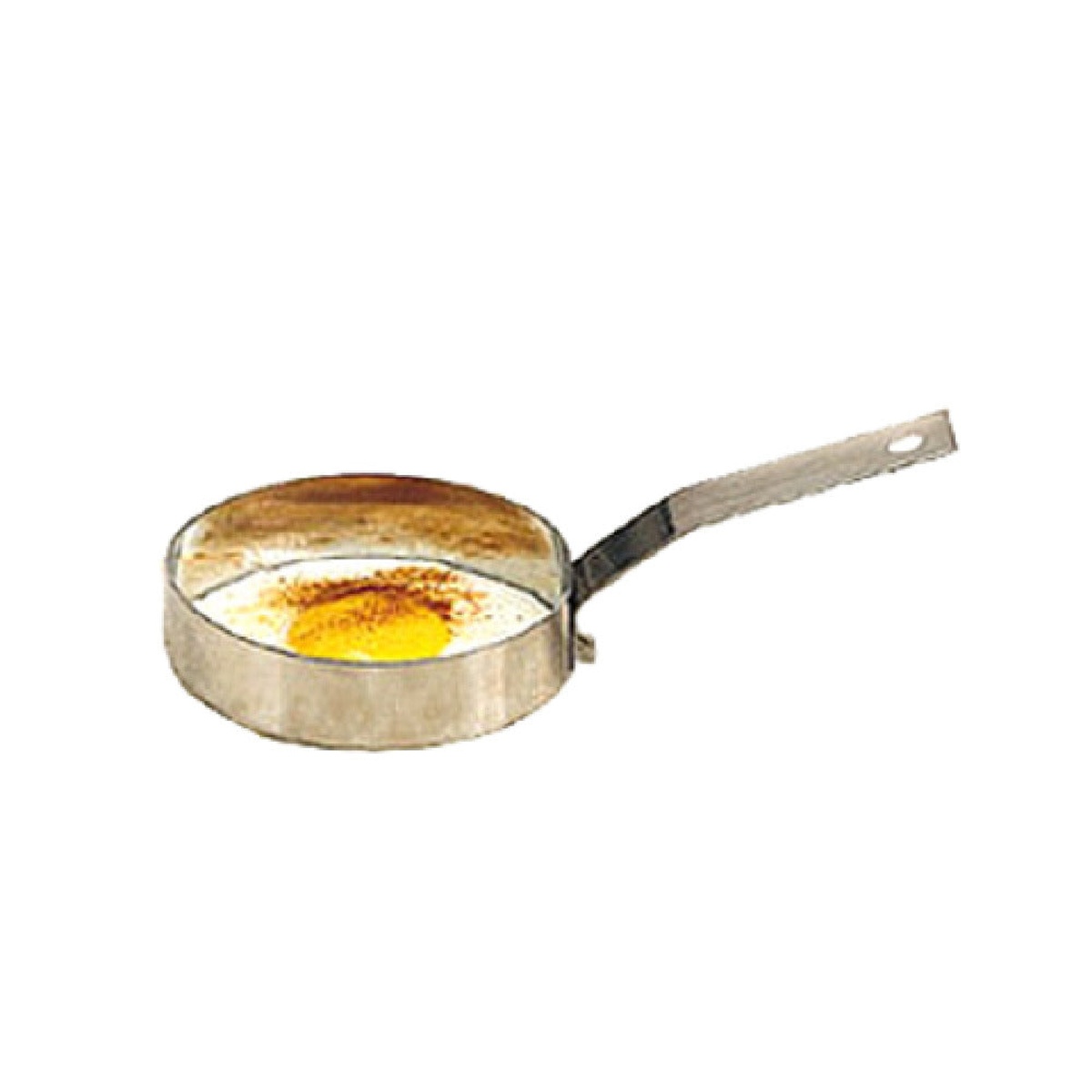 American Metalcraft ER387 stainless steel egg ring with handle and egg cooking inside