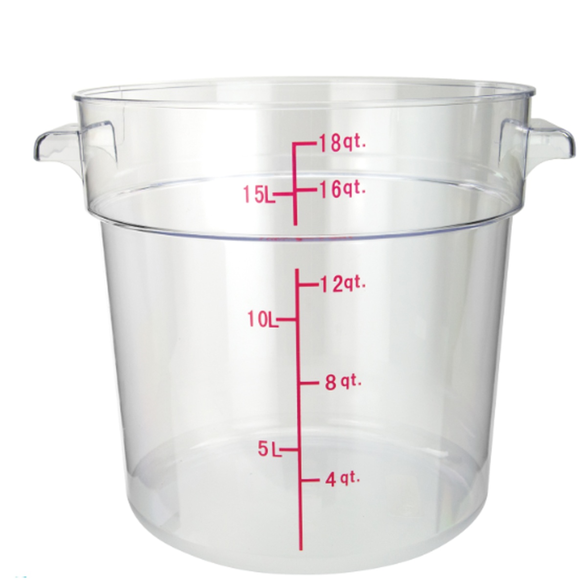 ERC18C clear polycarbonate round food storage container with dual qt and liter graduation markings and side handles