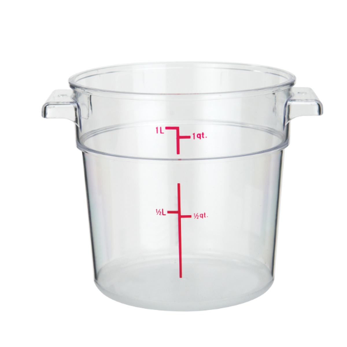 Cresco Resco ERC1C clear polycarbonate round food storage container with red measurement markings at 1/2 qt and 1 qt levels and side handles