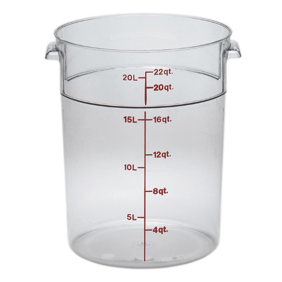 Clear polycarbonate round food container, 22 qt, with dual liter and quart measurement markings on the side