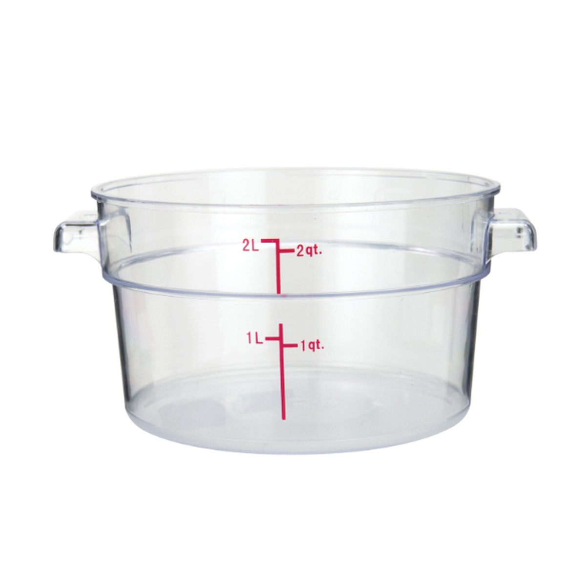 ERC2C clear polycarbonate round food container with dual US and metric measurement markings and side handles