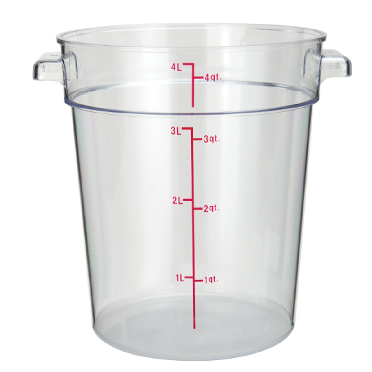 ERC4C Cresco Resco clear polycarbonate round food storage container with dual liter and quart measurement markings and side handles