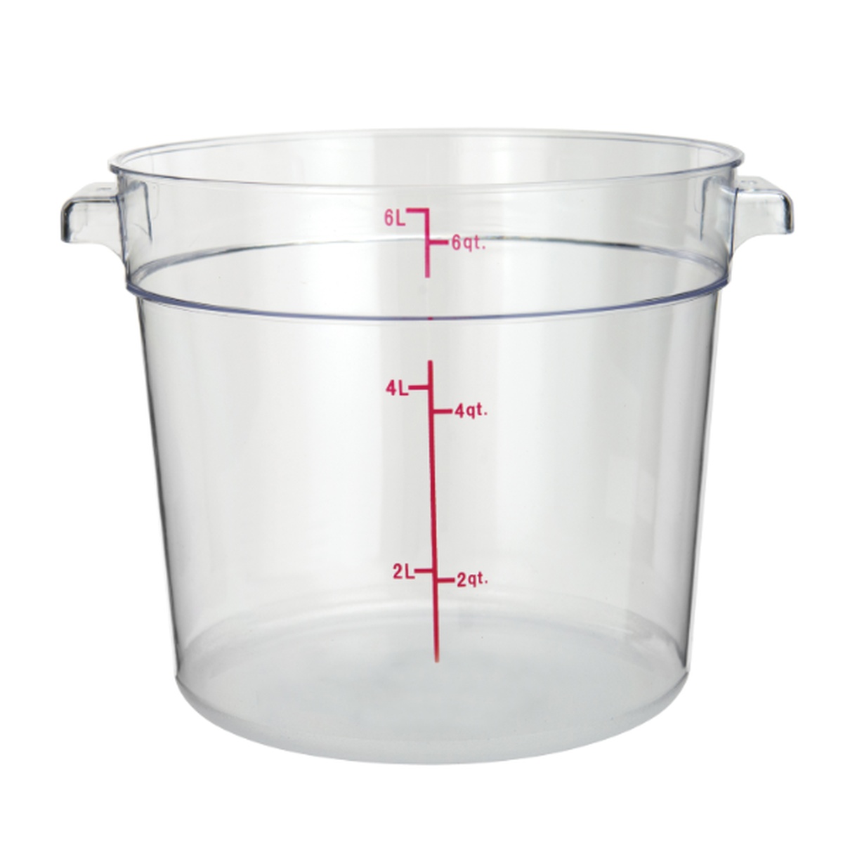 Clear polycarbonate round food container, 6 qt, with dual-scale measurement markings and side handles