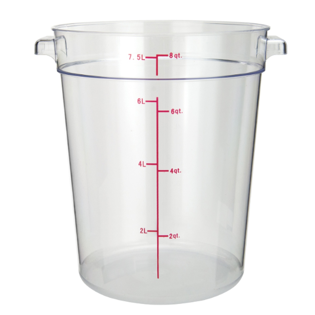 Cresco Resco ERC8C clear polycarbonate round food container 8 qt with dual-scale measurement markings in liters and quarts